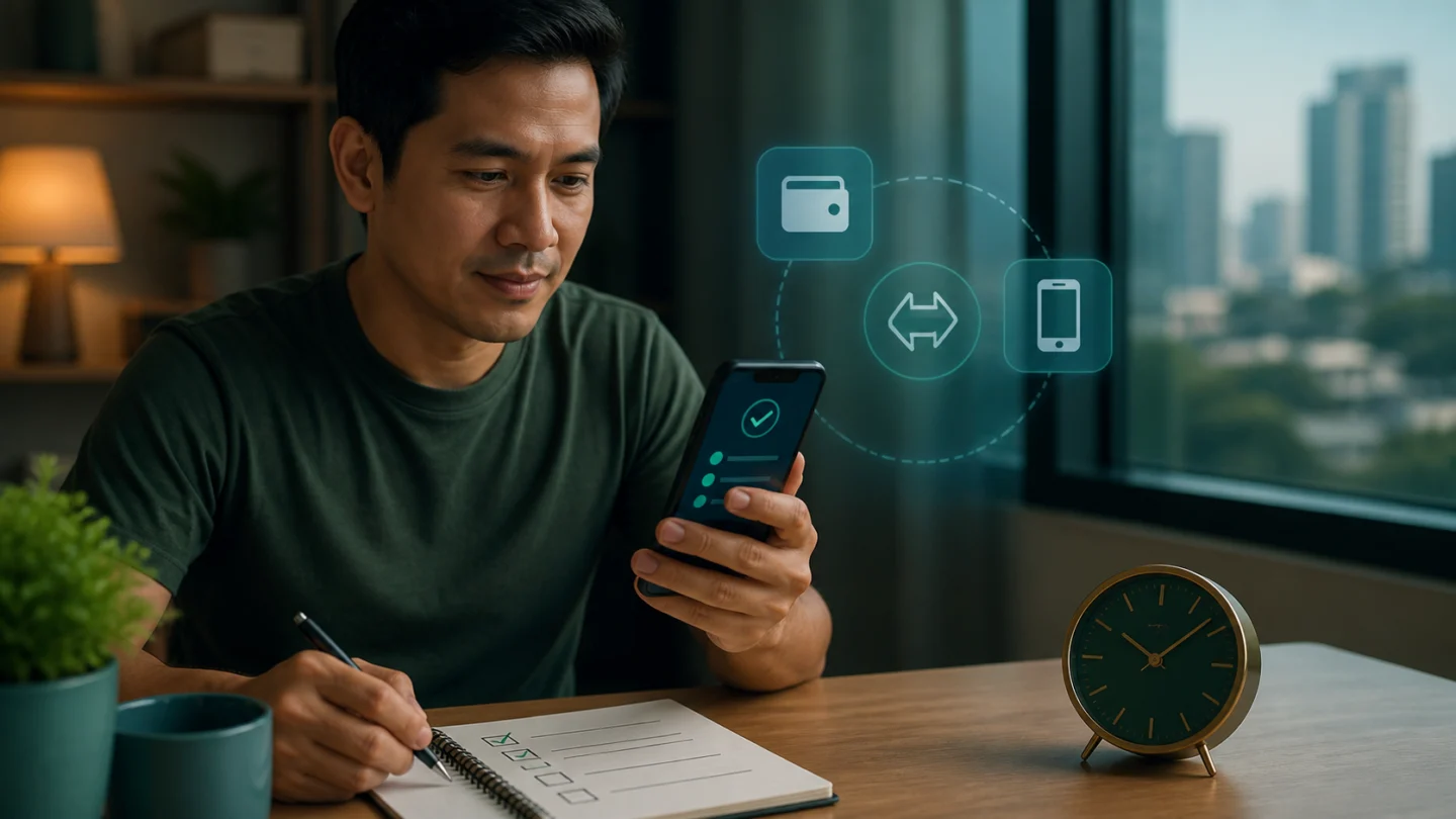 Filipino reader checking a generic online withdrawal status beside a checklist and clock
