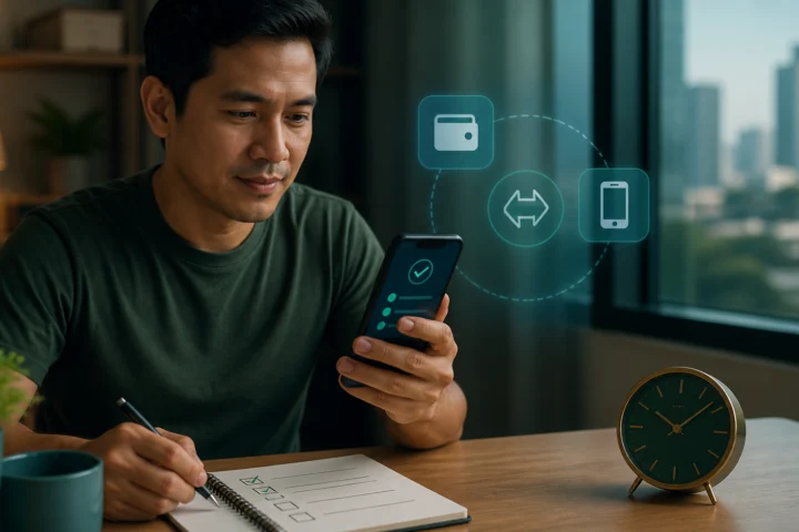 Filipino reader checking a generic online withdrawal status beside a checklist and clock