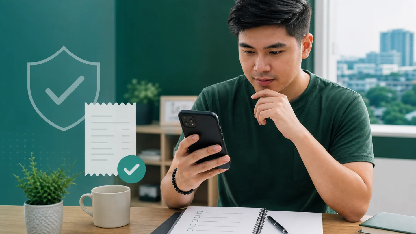 Filipino reader checking a generic mobile-wallet confirmation and payment record