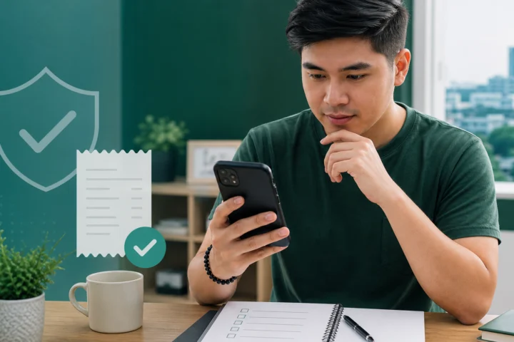 Filipino reader checking a generic mobile-wallet confirmation and payment record
