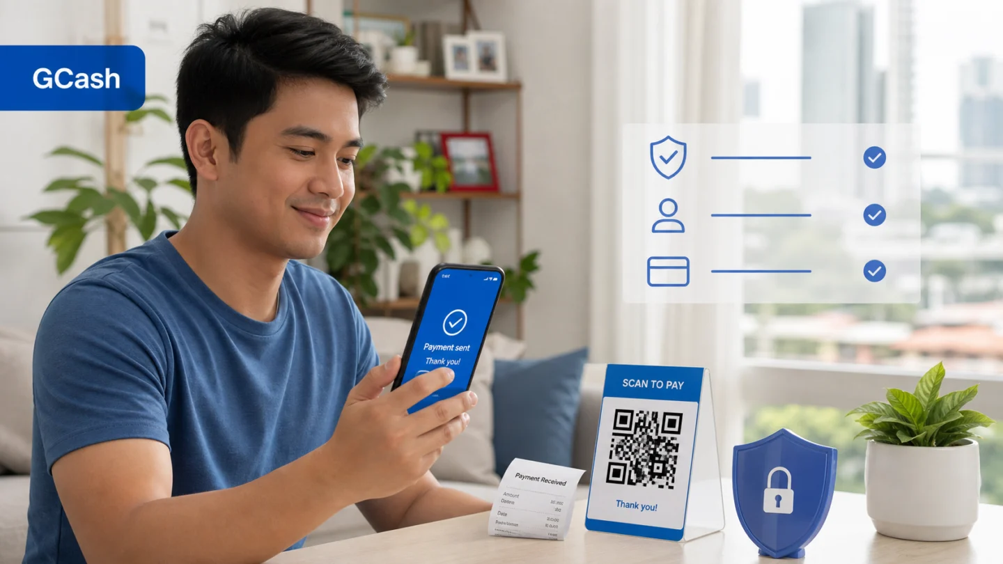Filipino reader reviewing a GCash payment confirmation and account-security checklist