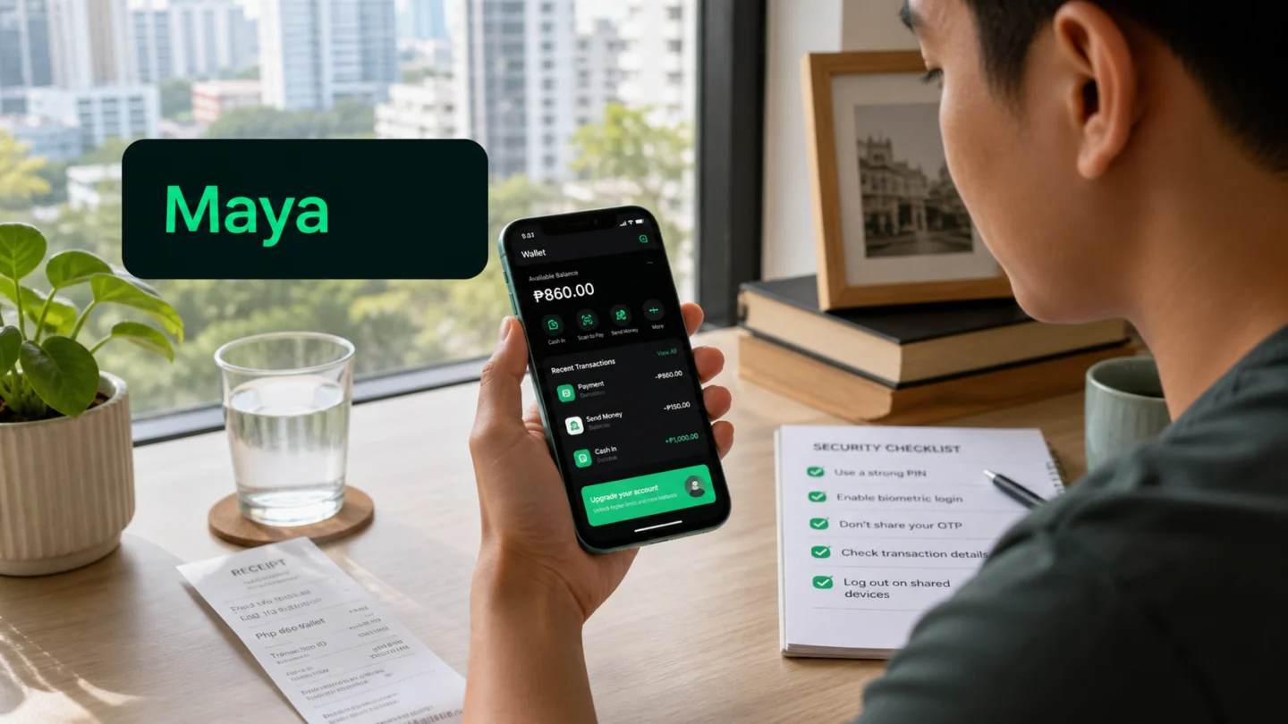 Filipino reader reviewing Maya wallet security steps and a transaction record