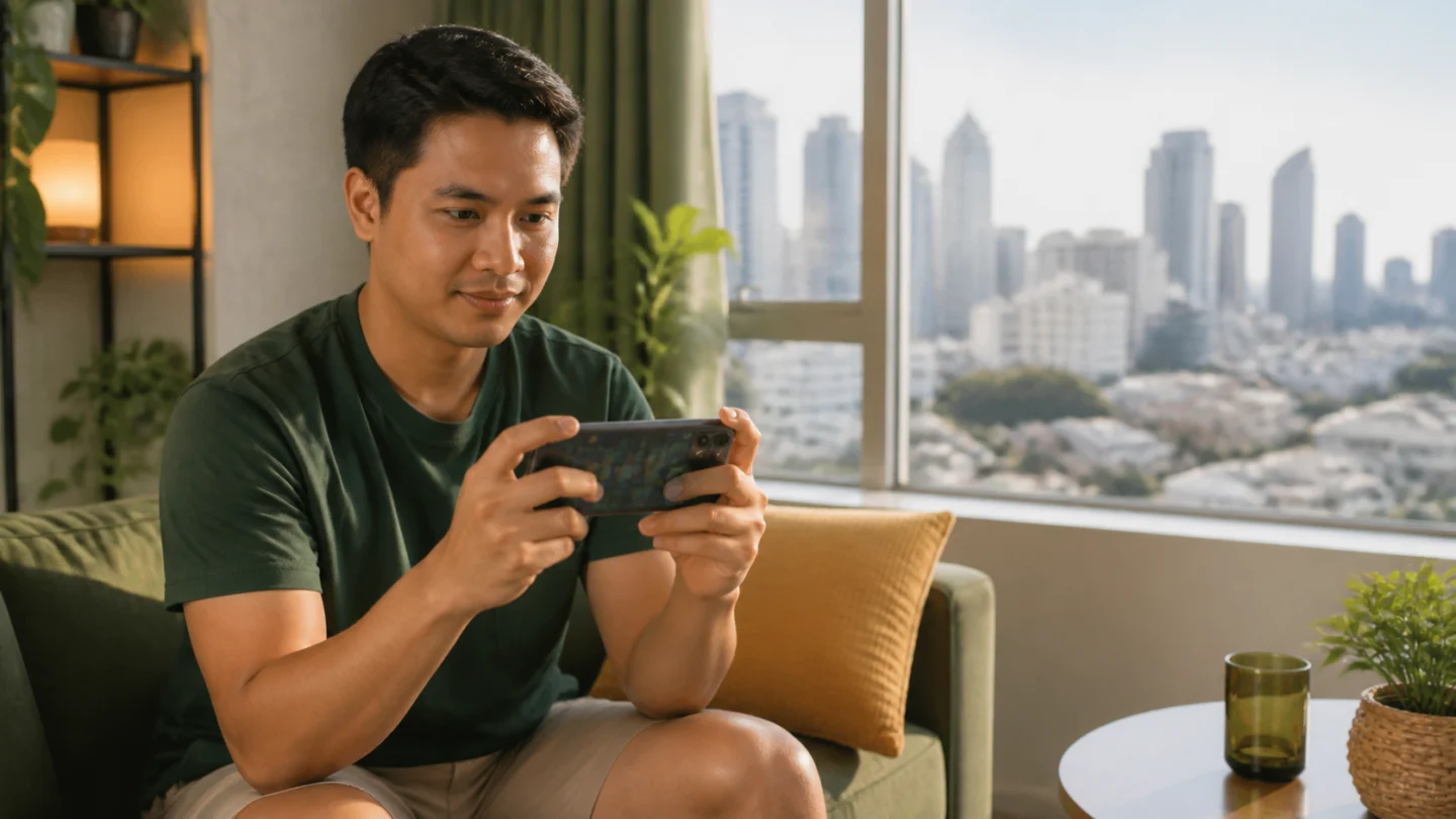 Filipino reader using a smartphone for mobile gaming in a bright Manila home