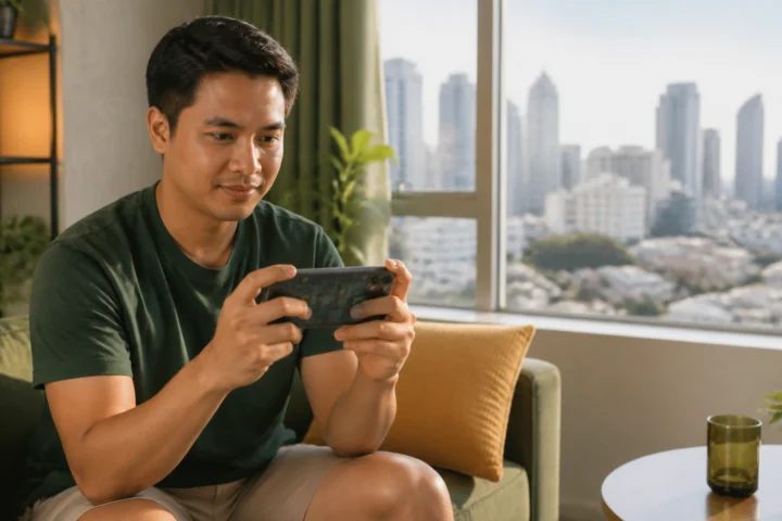 Filipino reader using a smartphone for mobile gaming in a bright Manila home