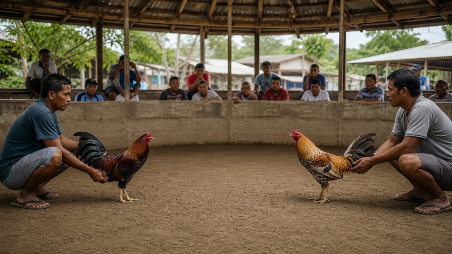 Documentary editorial scene showing traditional sabong context in a rural Philippine community