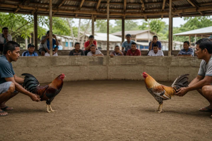 Documentary editorial scene showing traditional sabong context in a rural Philippine community