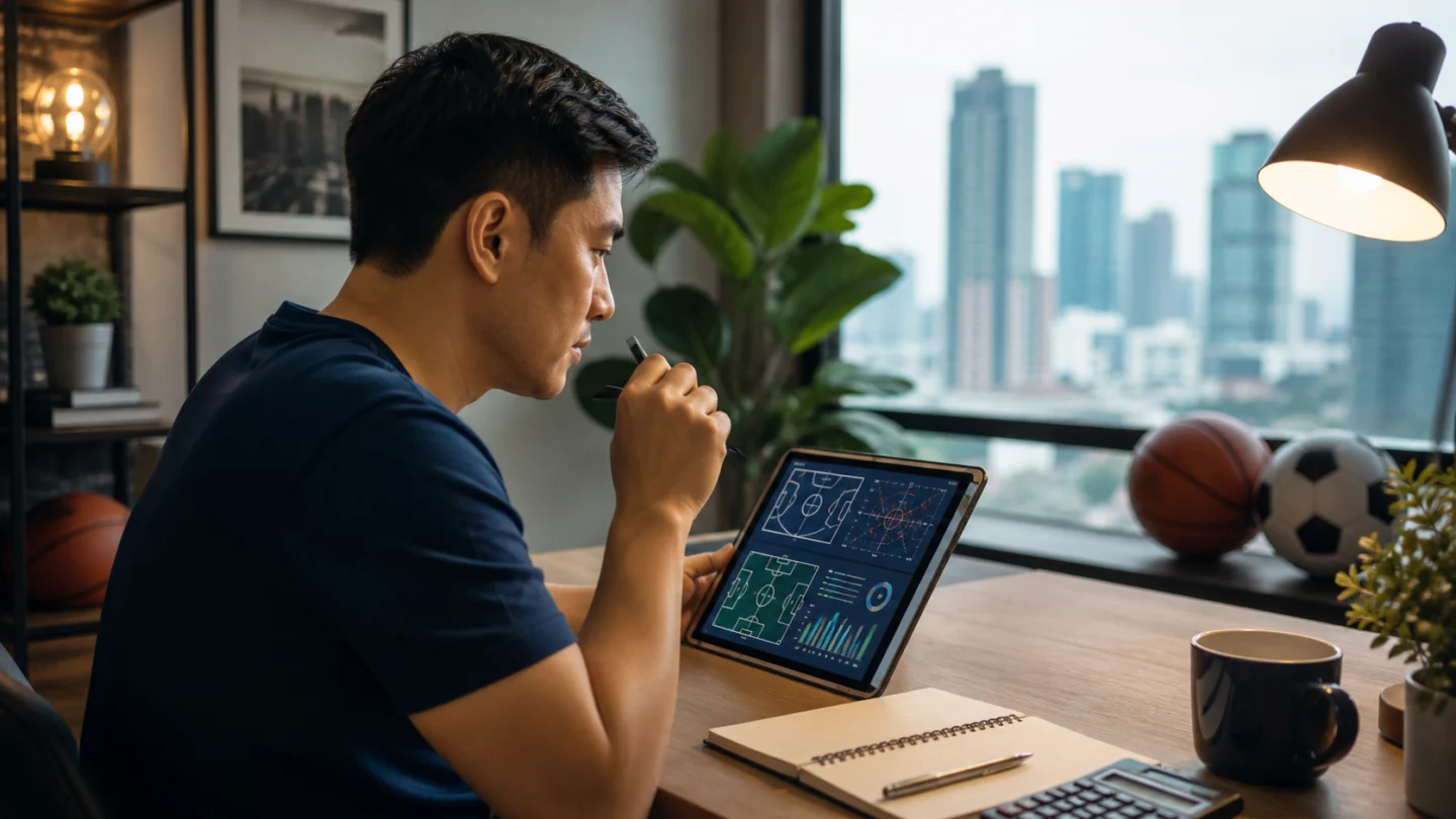 Filipino reader studying neutral sports statistics on a tablet in a Manila home office
