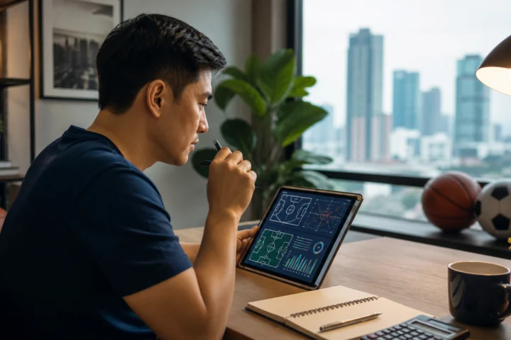 Filipino reader studying neutral sports statistics on a tablet in a Manila home office