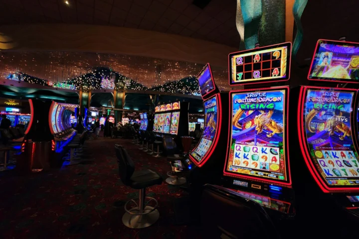 Rows of slot machines on a casino floor